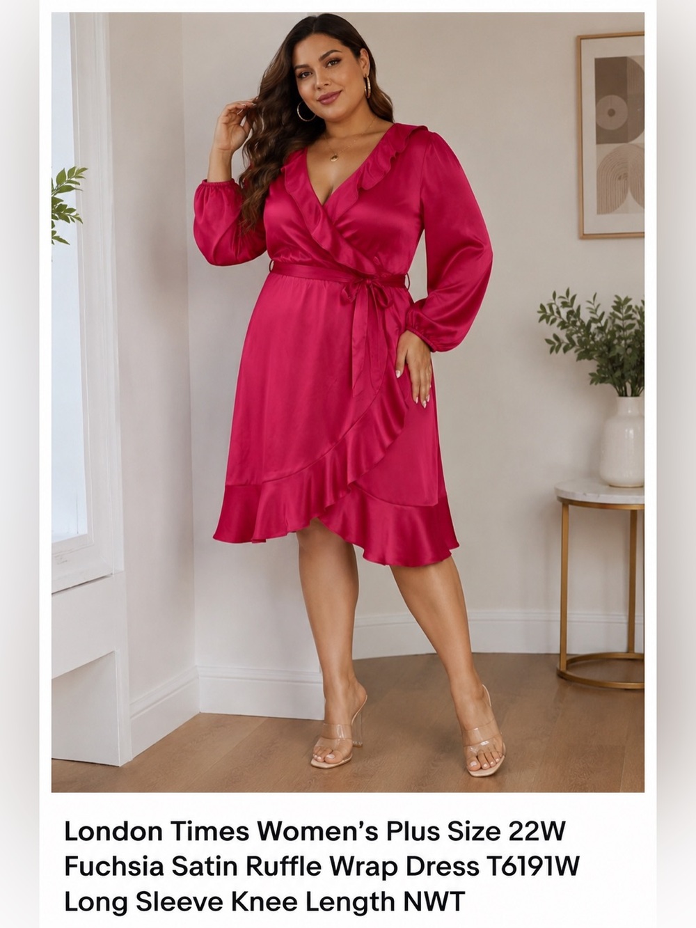 London Times Fuchsia Satin Ruffle Wrap Dress